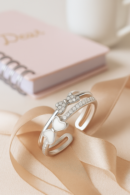 Cute 925 Silver Adjustable Double Bow Ring for Women – Enamel & Zircon Studded Open Finger Ring