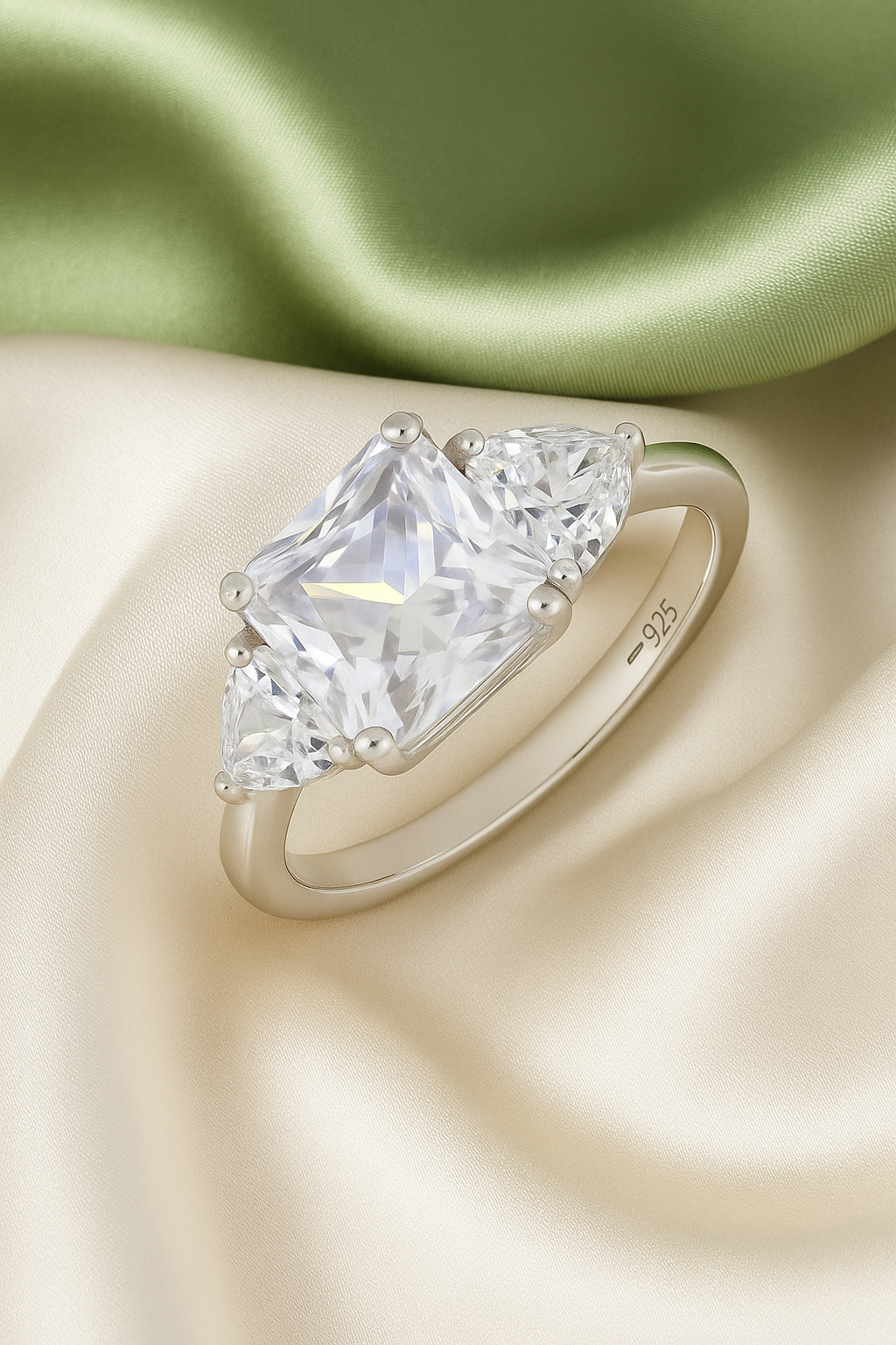 Elegant 925 Silver Princess-Cut Solitaire Ring for Women – Three Stone CZ Engagement & Party Wear Ring