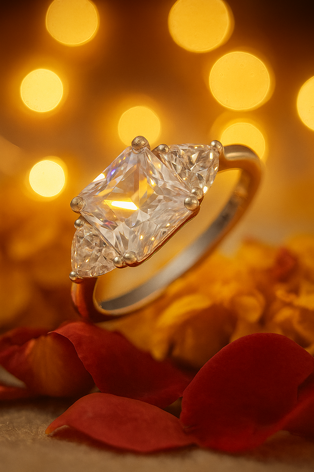 Elegant 925 Silver Princess-Cut Solitaire Ring for Women – Three Stone CZ Engagement & Party Wear Ring