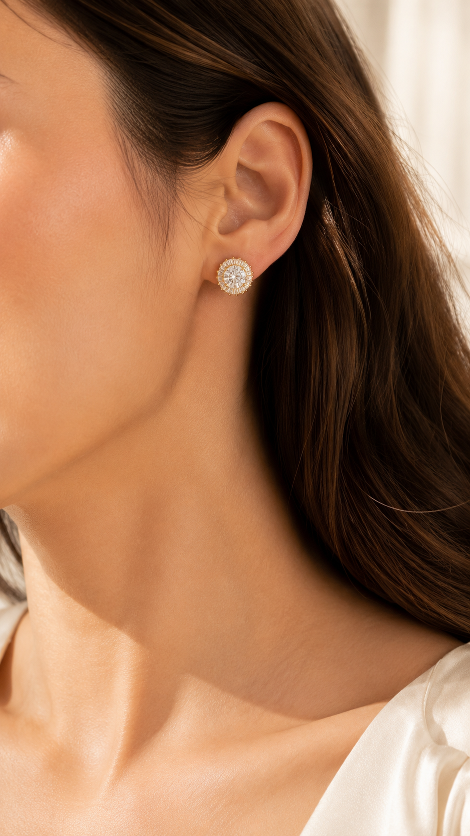 Gold Round CZ Baguette Halo Stud Earrings for Women