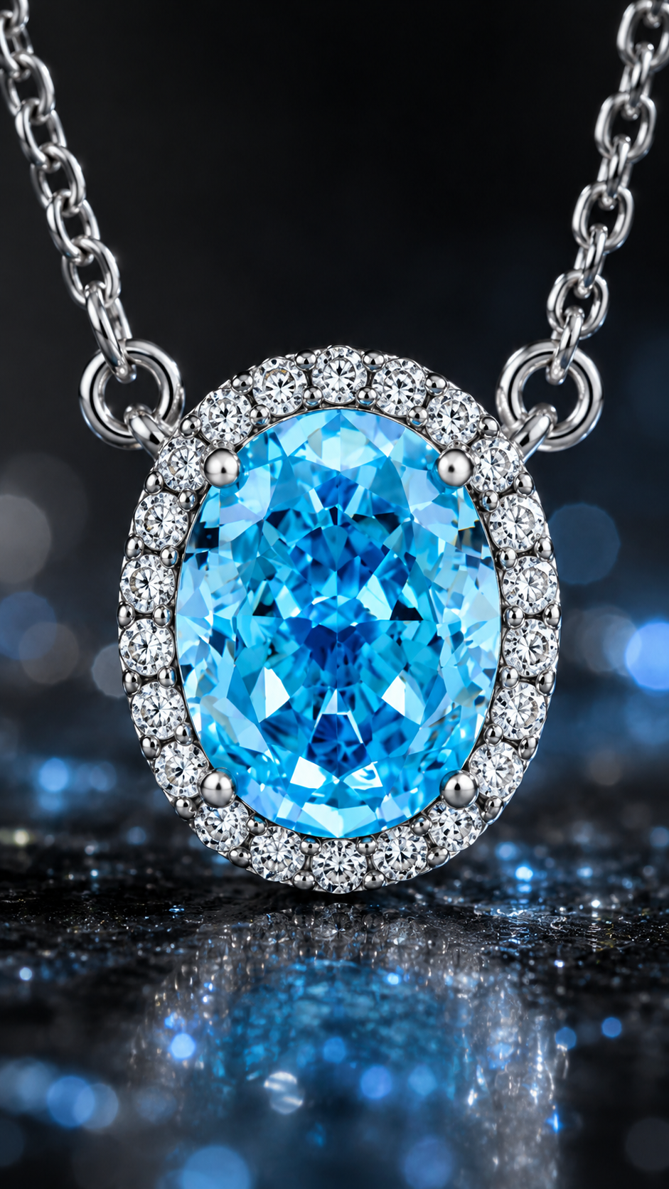Elegant Silver Oval Blue Halo CZ Pendant Necklace