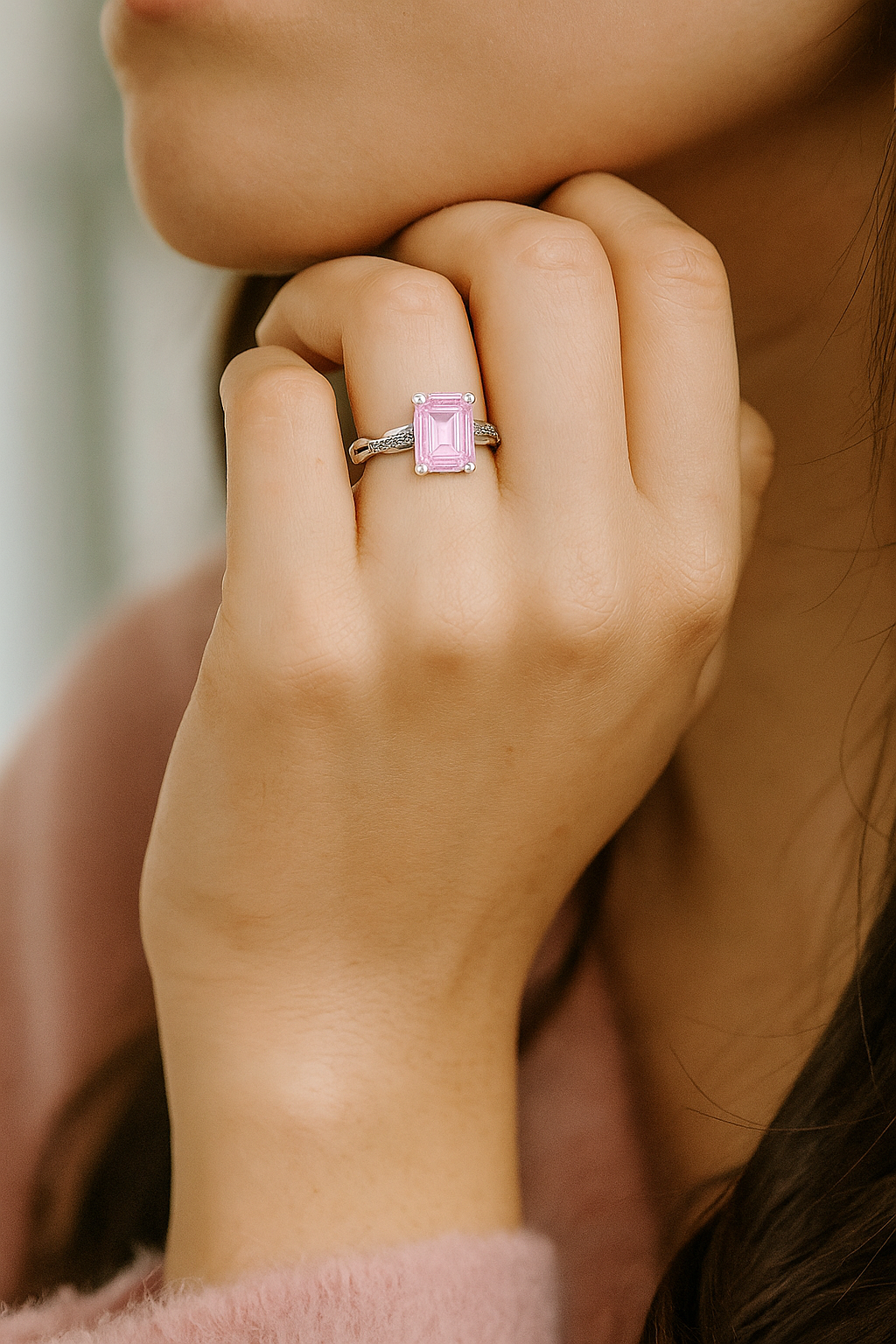 925 Silver Emerald Cut Solitaire Ring with Twisted Band – Classic Elegant Zircon Ring for Women