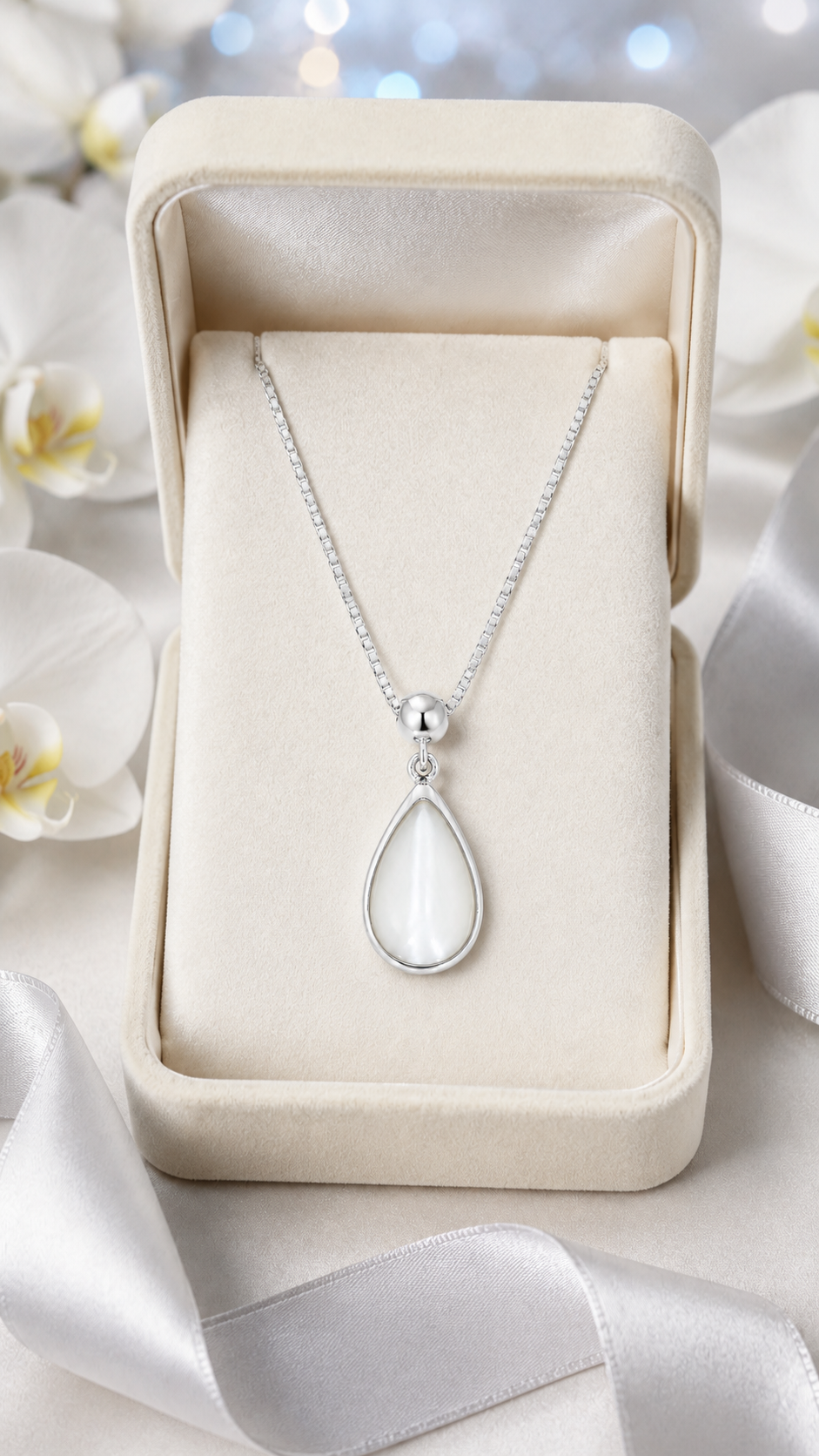 Elegant Silver White Teardrop Pendant Necklace