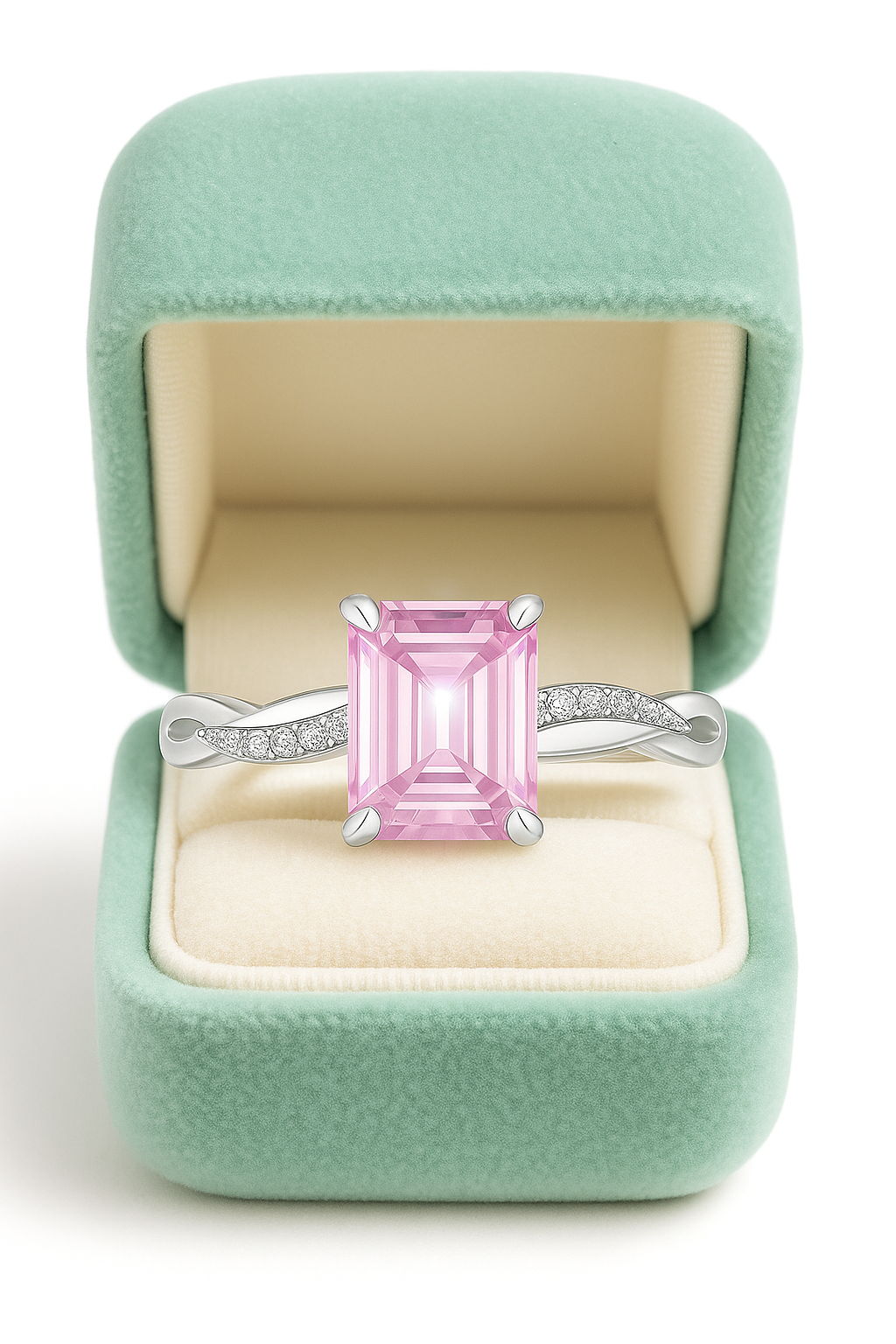 925 Silver Emerald Cut Solitaire Ring with Twisted Band – Classic Elegant Zircon Ring for Women