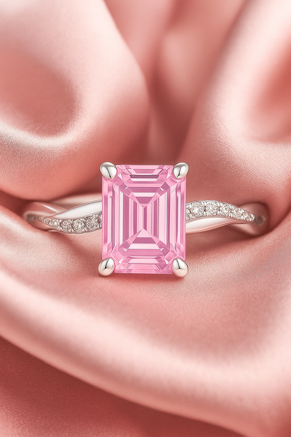 925 Silver Emerald Cut Solitaire Ring with Twisted Band – Classic Elegant Zircon Ring for Women