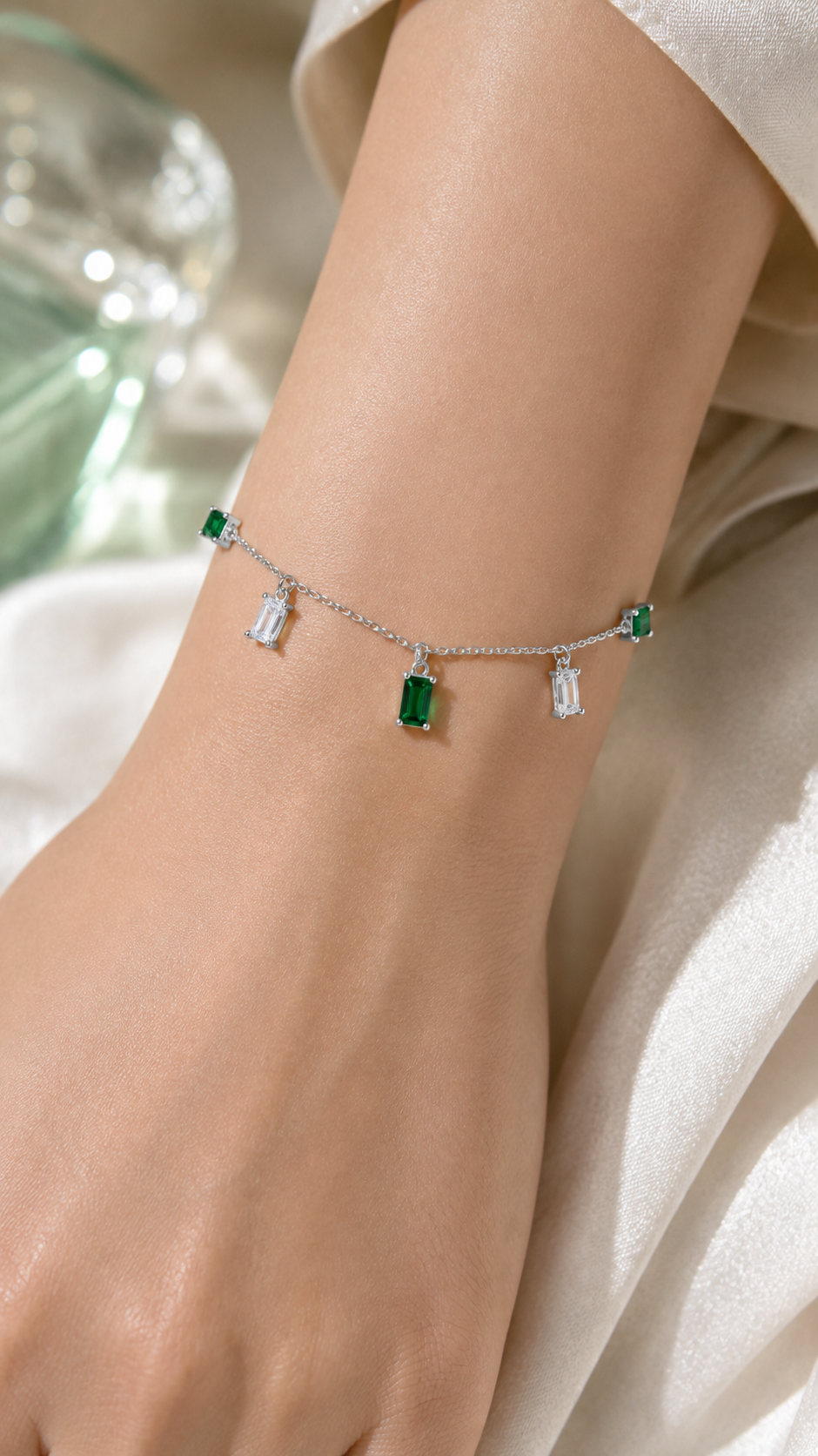 Green & White Baguette Charm Bracelet