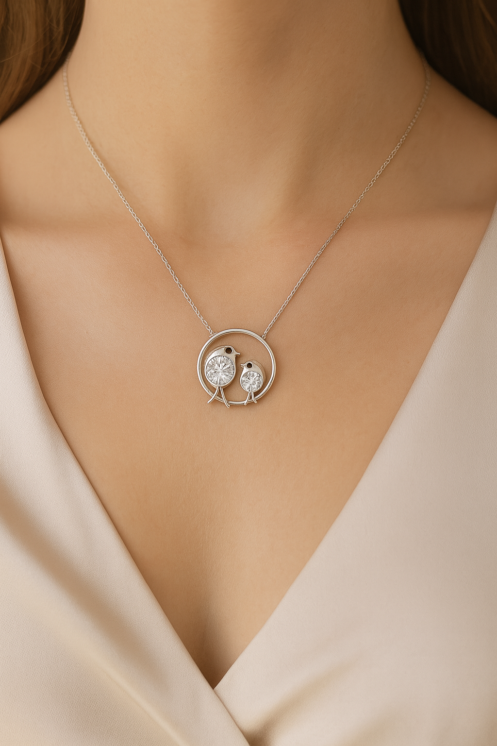 Silver Plated Mother & Child Bird Pendant Necklace for Women – CZ Diamond Love Design