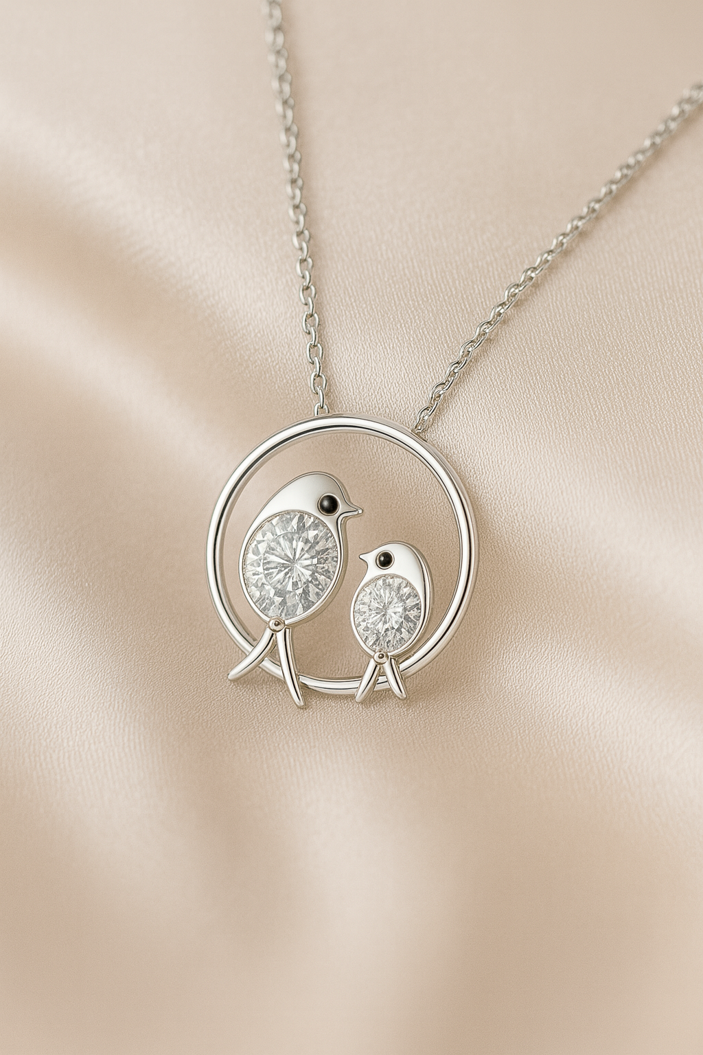 Silver Plated Mother & Child Bird Pendant Necklace for Women – CZ Diamond Love Design