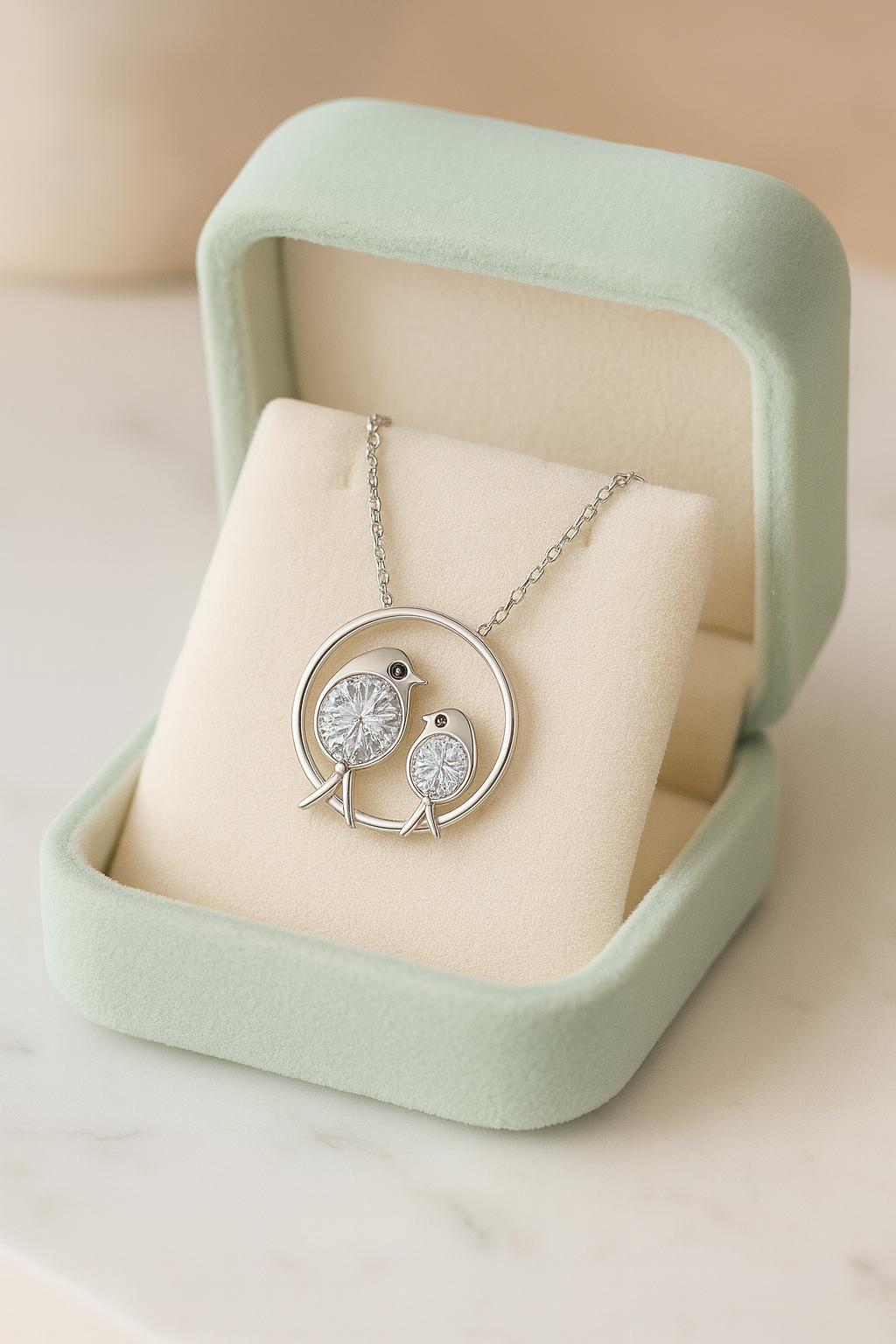 Silver Plated Mother & Child Bird Pendant Necklace for Women – CZ Diamond Love Design