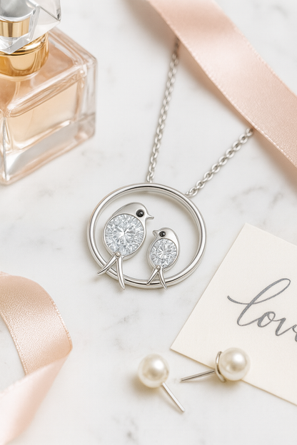 Silver Plated Mother & Child Bird Pendant Necklace for Women – CZ Diamond Love Design