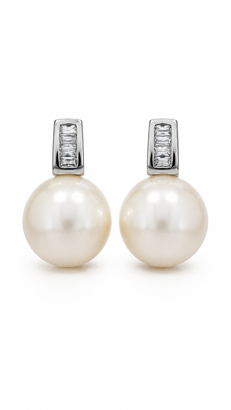Silver Baguette CZ & Pearl Drop Stud Earrings for Women
