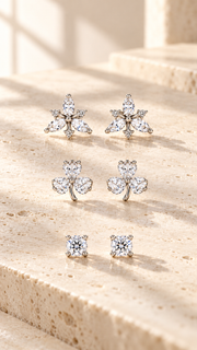 Marquise Floral Cluster, Three Leaf Clover Solitaire Stud Earrings Set – 3 Pairs - Aaryahi Silver jewellery product photo