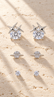 Star Heart, Saturn Planet Solitaire Stud Earrings Set - Aaryahi Silver jewellery product photo