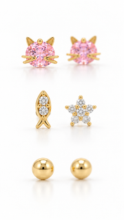 Pink Cat, CZ Star & Ball Stud Earrings Set - Aaryahi Silver jewellery product photo