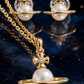 Elegant Gold Planet Pearl Pendant Necklace & Stud Earrings Jewelry Set