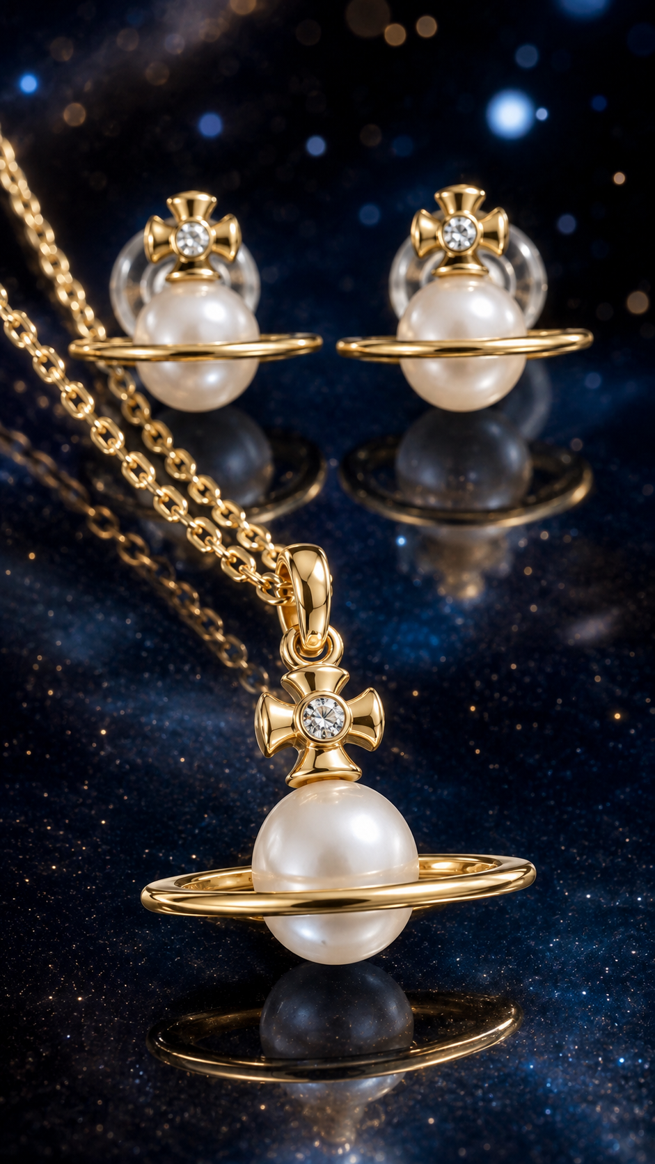 Elegant Gold Planet Pearl Pendant Necklace & Stud Earrings Jewelry Set