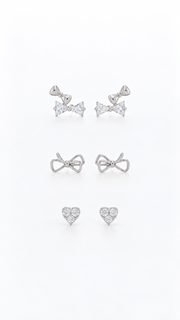 Bow, Open Bow & Heart Stud Earrings Set – 3 Pairs - Aaryahi Silver jewellery product photo