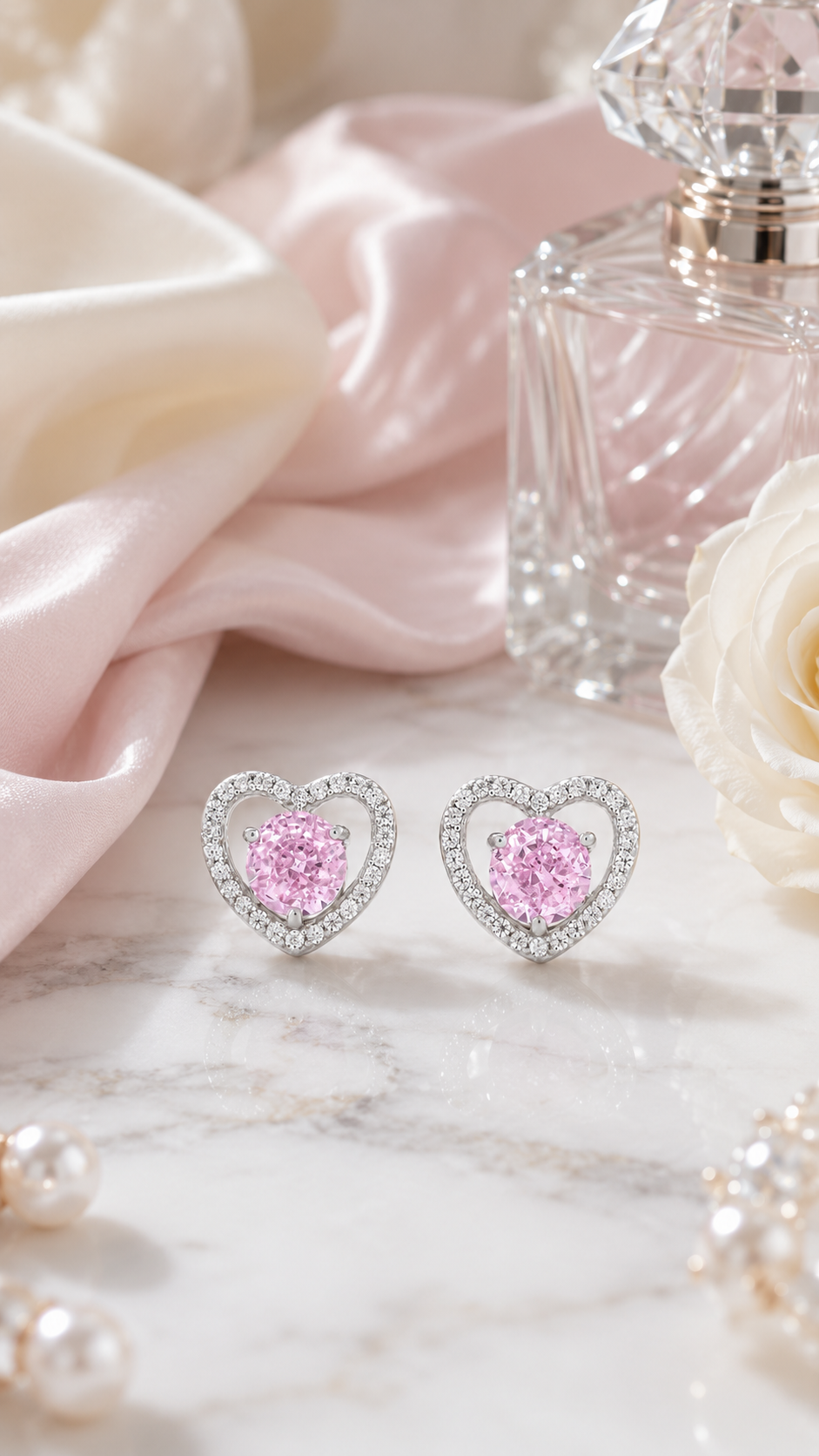 Elegant Silver Pink Heart Halo Stud Earrings