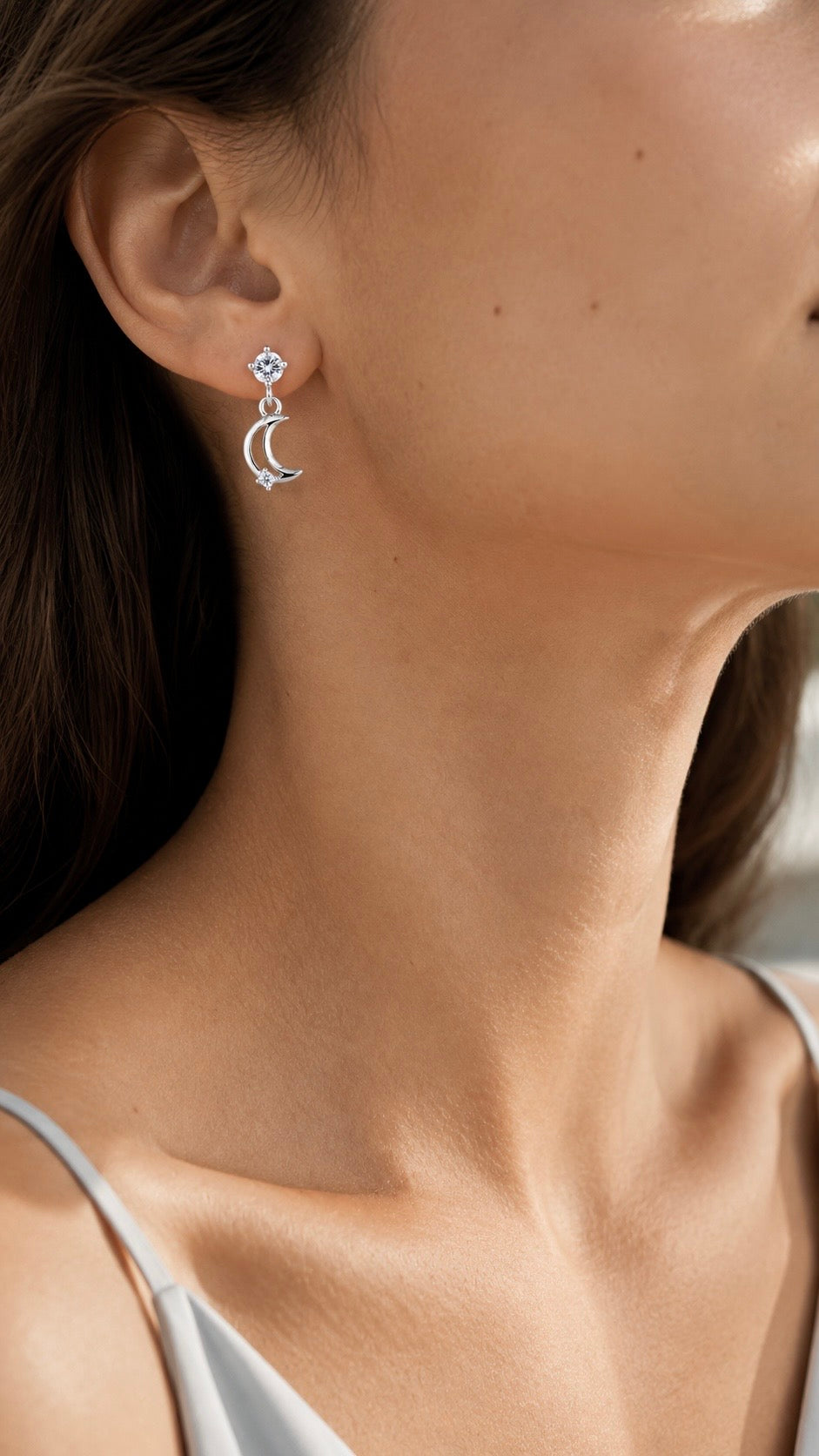 Silver Crescent Moon CZ Drop Earrings