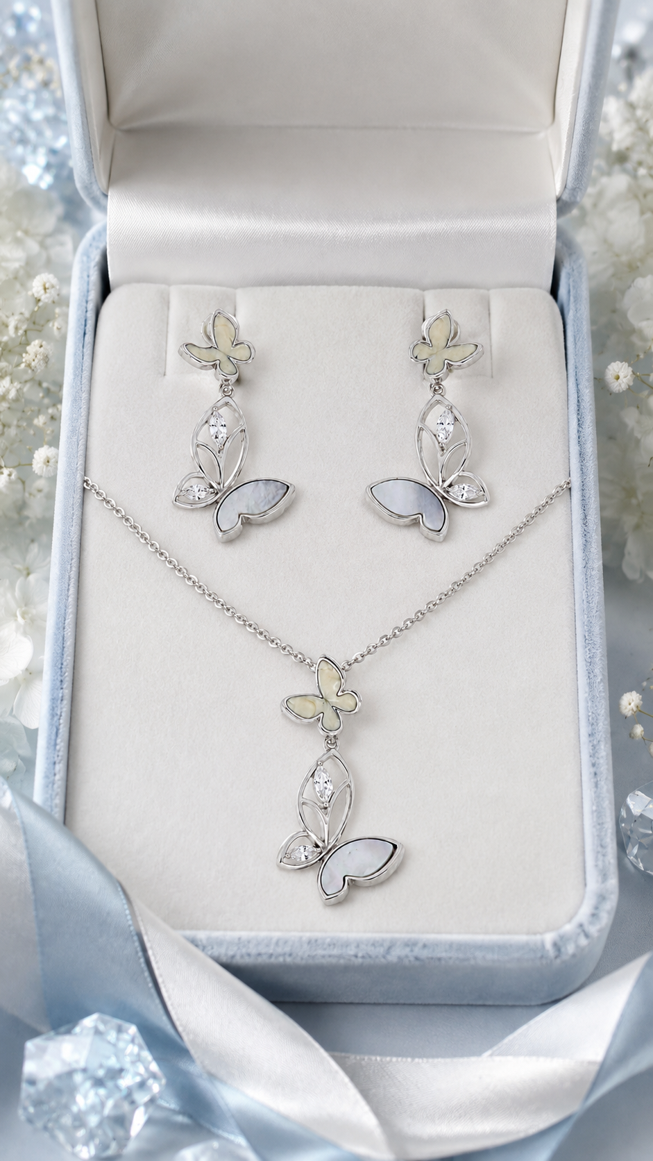 Elegant Silver Mother of Pearl Butterfly Pendant Necklace & Drop Earrings Jewelry Set