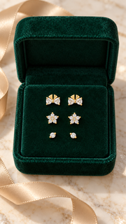 Bow, Floral Cluster Solitaire Stud Earrings Set - Aaryahi Silver jewellery product photo