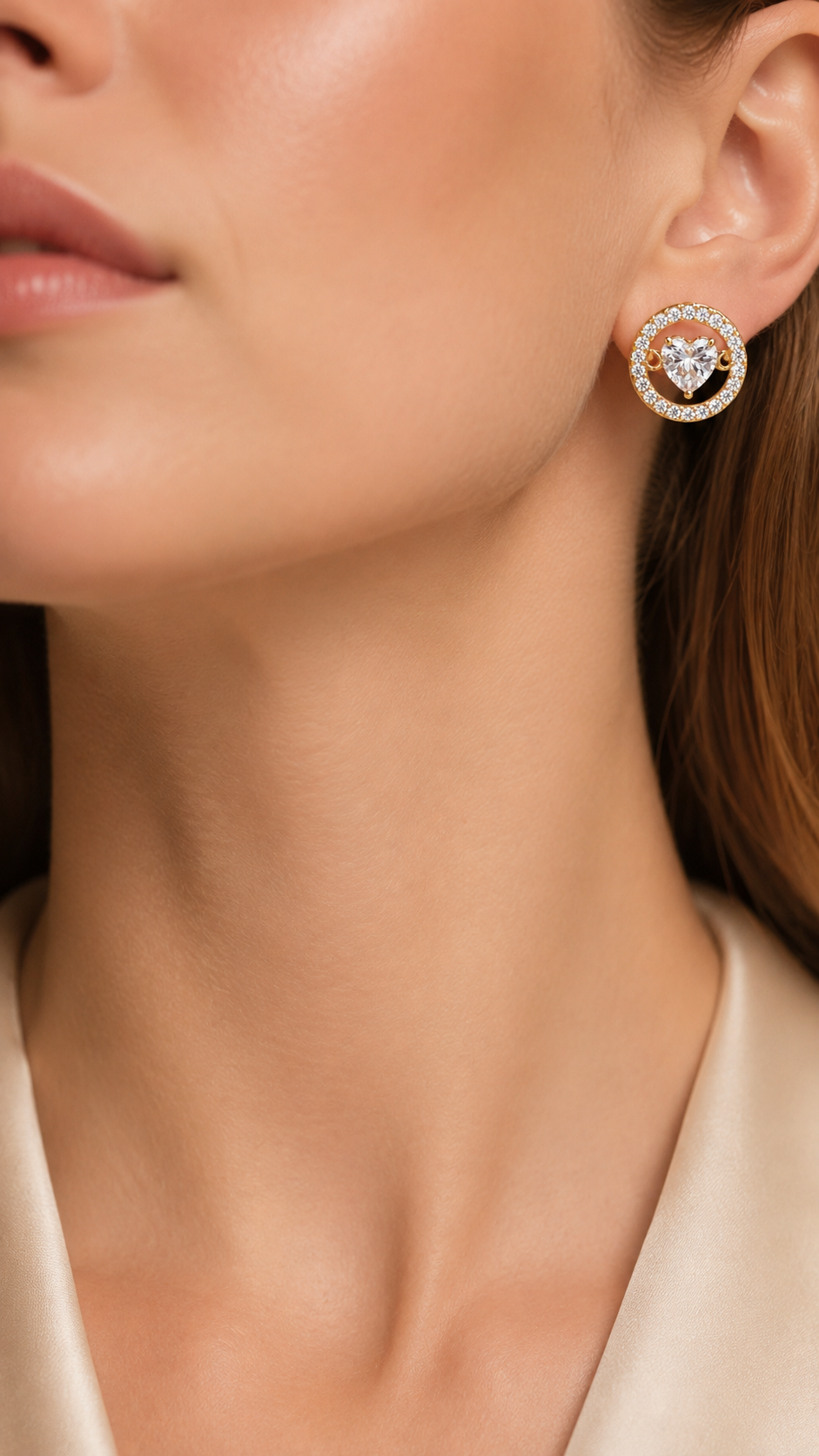 Elegant Gold Open Circle Heart Crystal Halo Stud Earrings