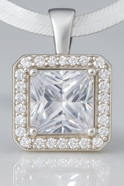 Square Solitaire Zircon Pendant Necklace for Women 925 Silver Finish Elegant Daily and Party Wear Chain