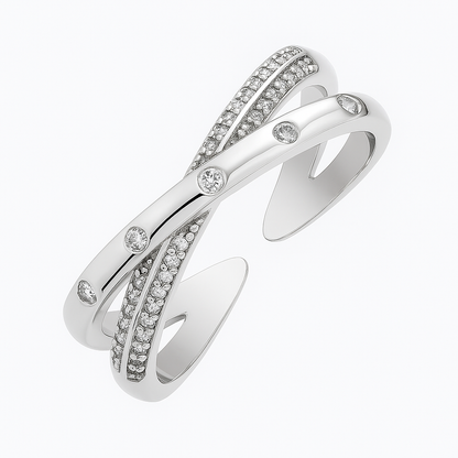 Trendy Criss-Cross Silver Ring with Crystal Detailing