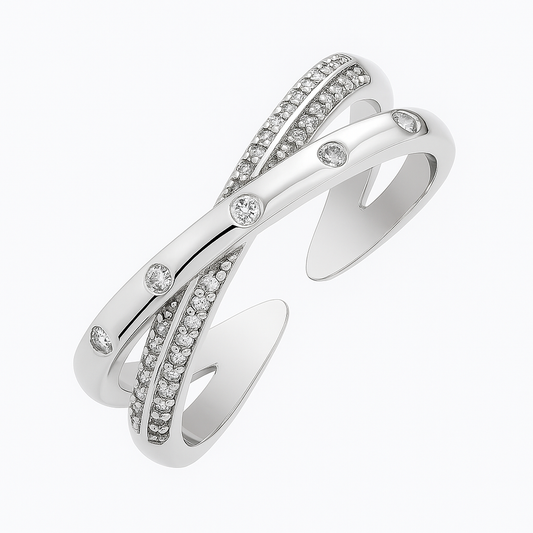 Trendy Criss-Cross Silver Ring with Crystal Detailing