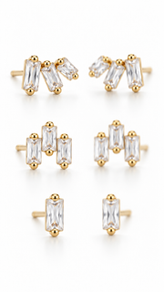 Baguette Cluster & Solitaire Stud Earrings Set - Aaryahi Silver jewellery product photo