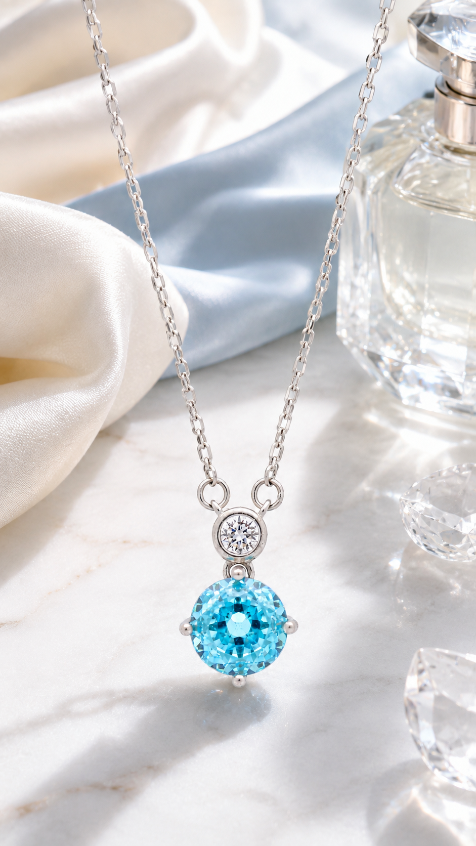 Elegant 925 Sterling Silver Blue Round-Cut CZ Drop Pendant Necklace for Women