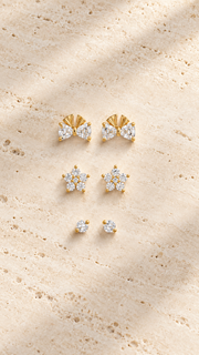 Bow, Floral Cluster Solitaire Stud Earrings Set - Aaryahi Silver jewellery product photo