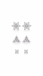 Floral Cluster, Three Stone Solitaire Stud Earrings Set - Aaryahi Silver jewellery product photo