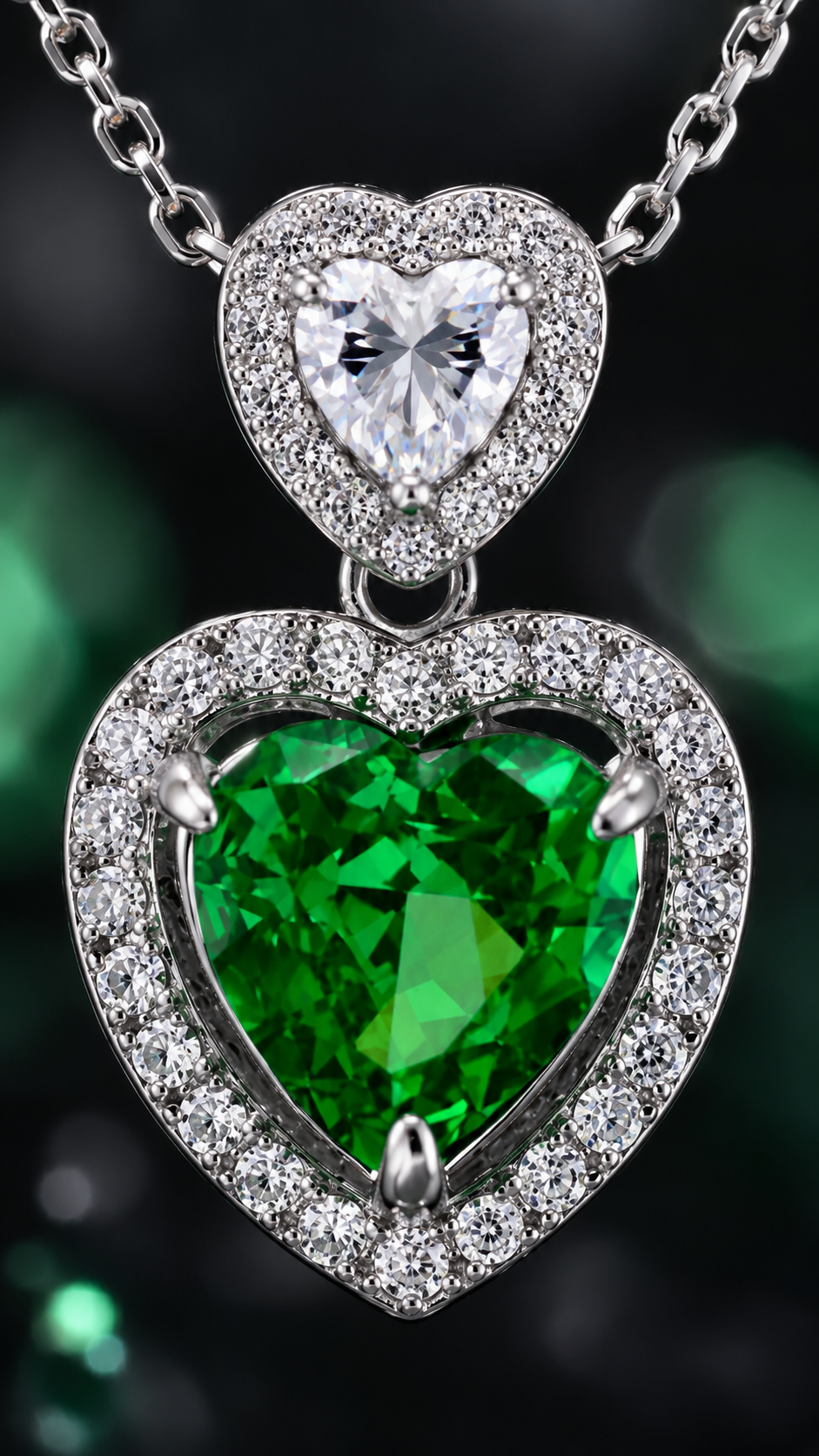 Elegant Silver Green Heart Halo Pendant Necklace