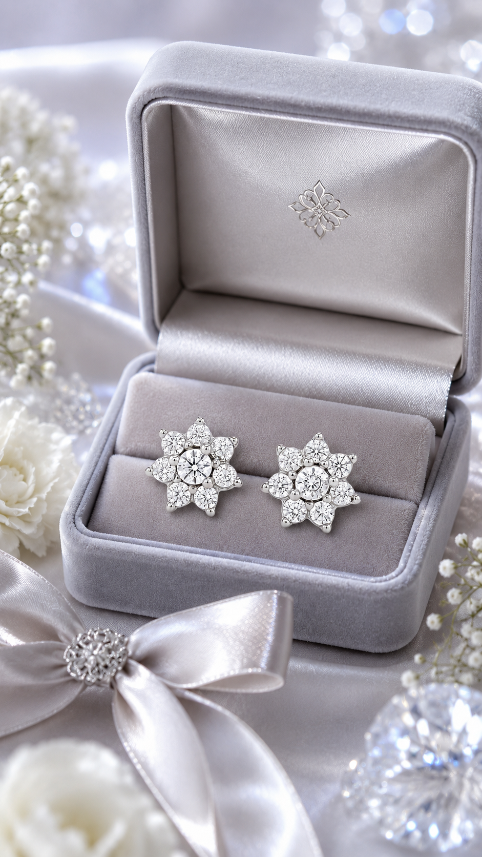 Silver CZ Floral Cluster Stud Earrings for Women