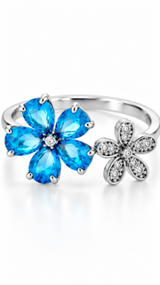Silver Blue CZ Double Flower Adjustable Ring