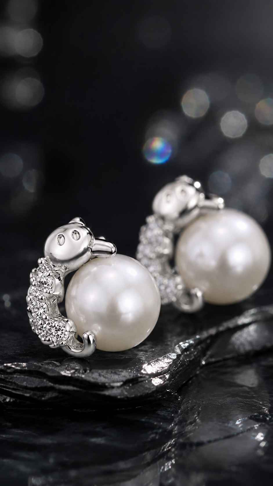 Silver Pearl & CZ Cat Stud Earrings for Women