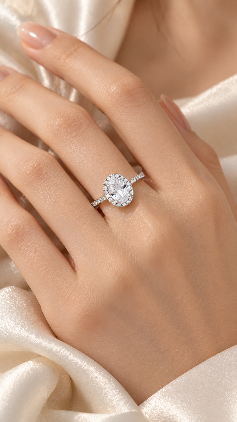 Silver CZ Oval Halo Adjustable Ring