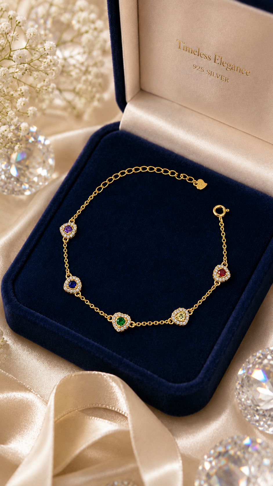 Multicolor Heart Halo Chain Bracelet