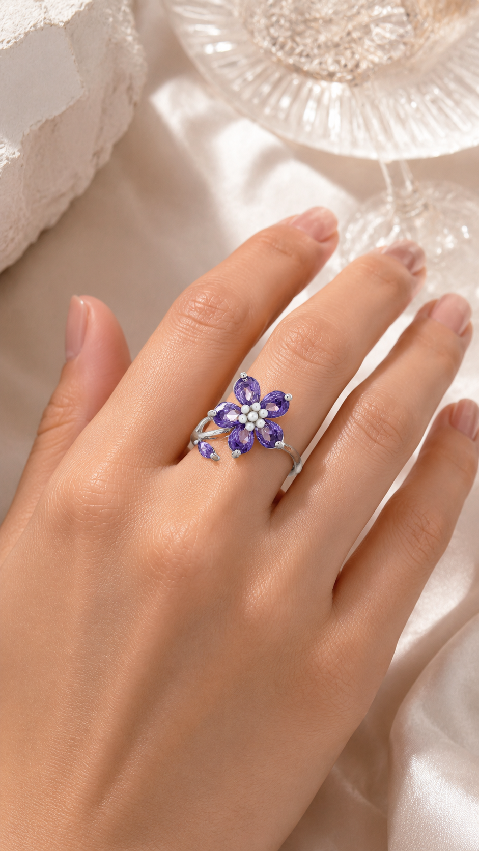 Pink Floral Pear-Cut Adjustable Open Ring