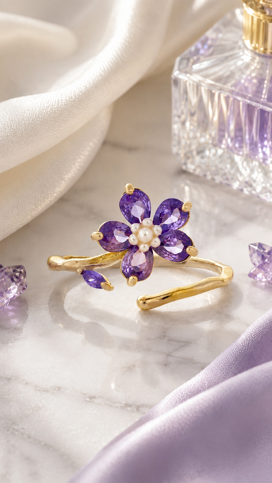 Pink Floral Pear-Cut Adjustable Open Ring