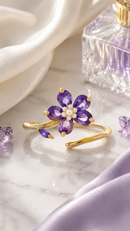 Pink Floral Pear-Cut Adjustable Open Ring