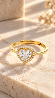 Gold CZ Heart Halo Adjustable Ring