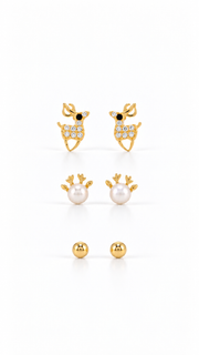 Reindeer, Pearl Antler & Ball Stud Earrings Set - Aaryahi Silver jewellery product photo