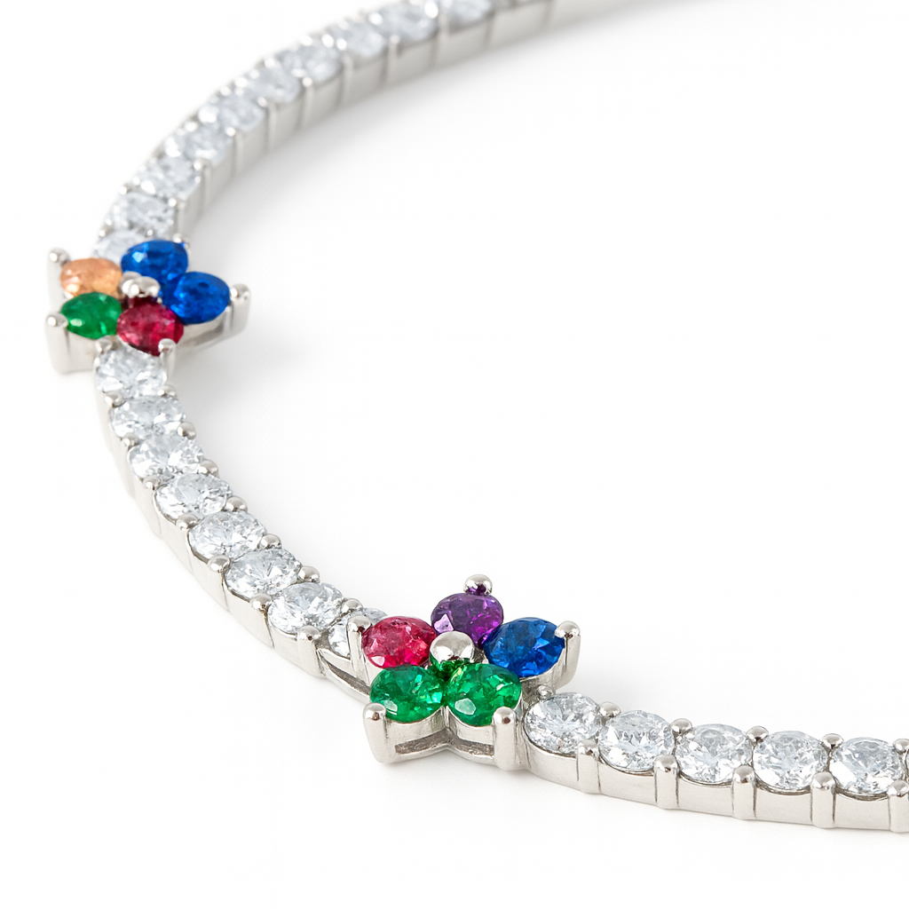 Silver CZ Tennis Bracelet with Multicolour Floral Charms