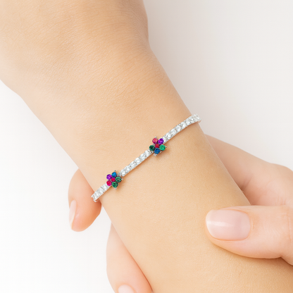 Silver CZ Tennis Bracelet with Multicolour Floral Charms