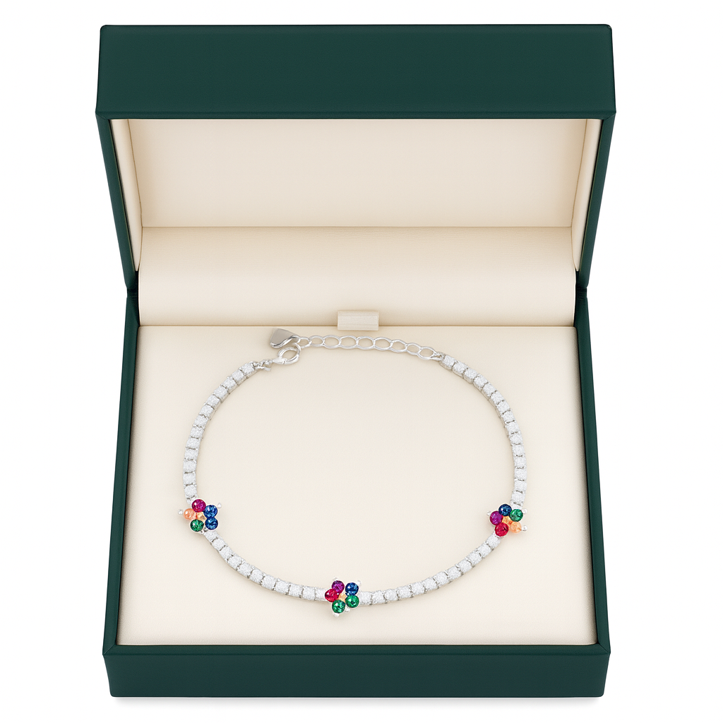 Silver CZ Tennis Bracelet with Multicolour Floral Charms