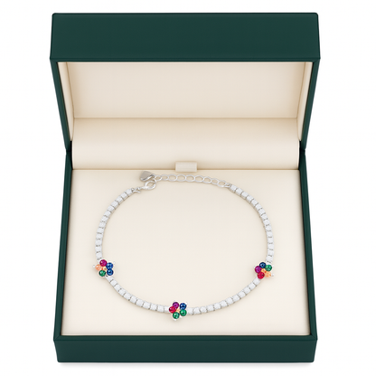 Silver CZ Tennis Bracelet with Multicolour Floral Charms