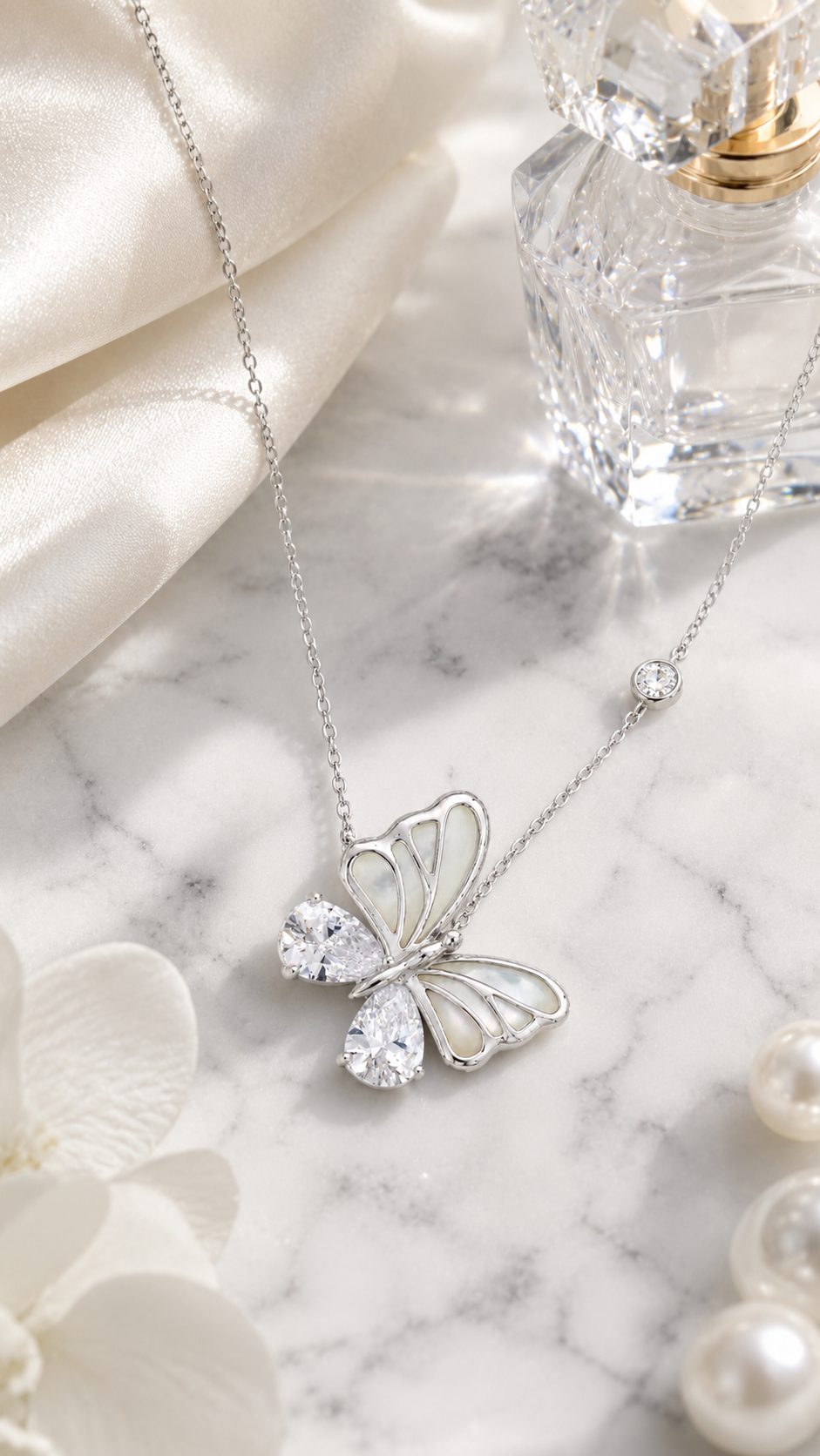 Elegant Silver Butterfly Pearl CZ Pendant Necklace