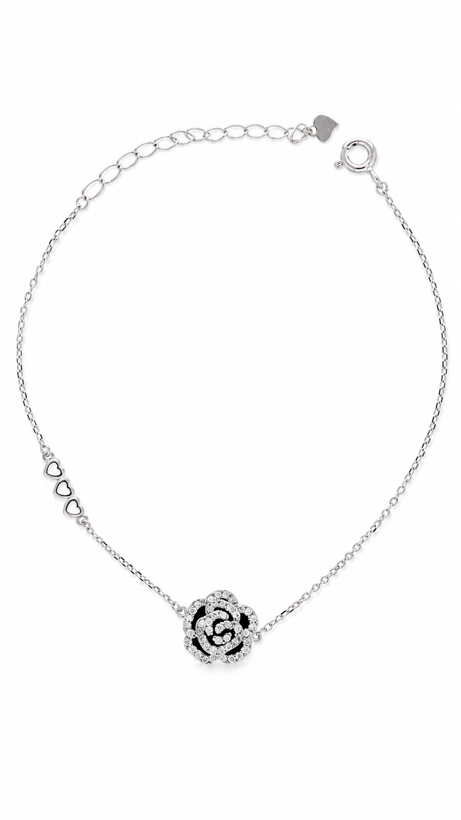 Silver Black Rose CZ Charm Bracelet